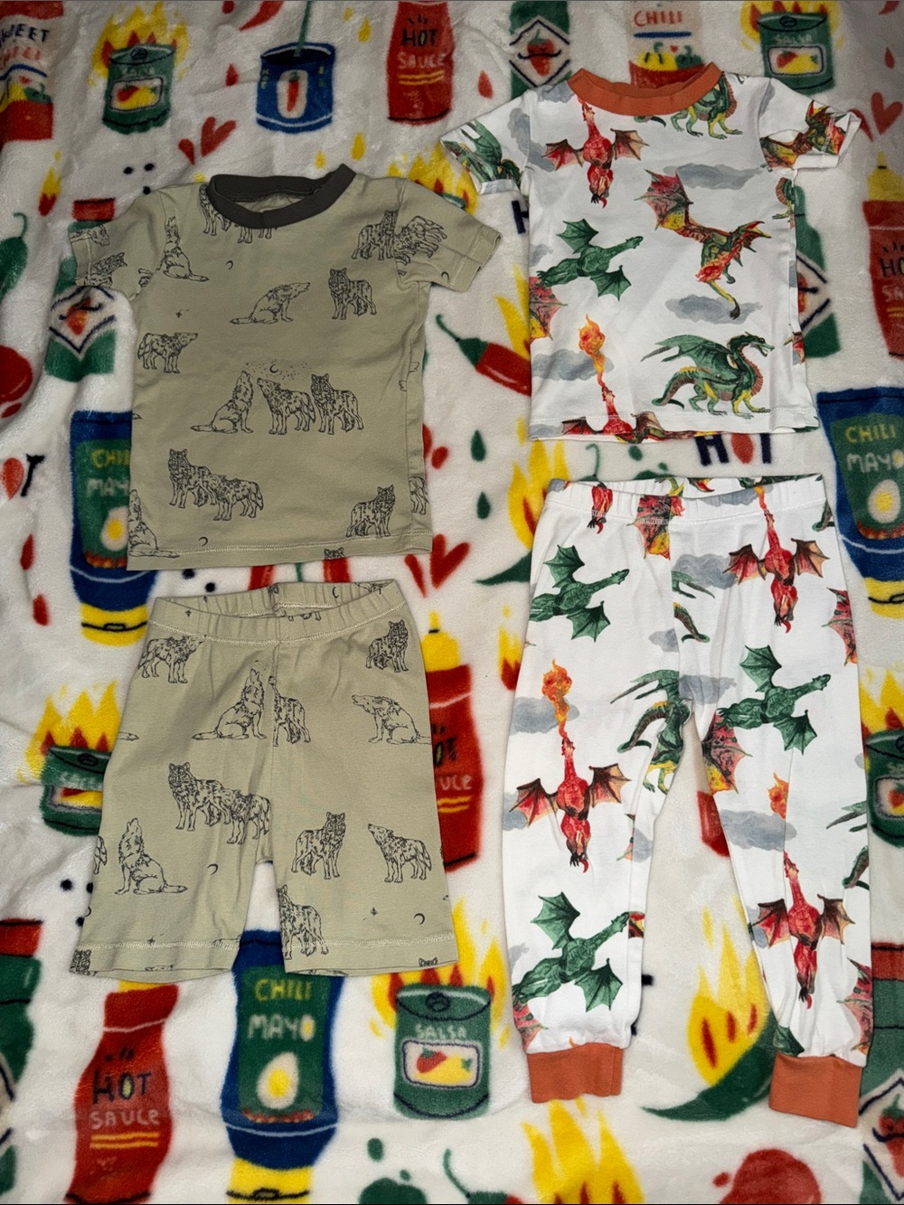 Lightly Used Kids 2pc Burts Bees Dragon and Wolf Pajama Sets Size 2T